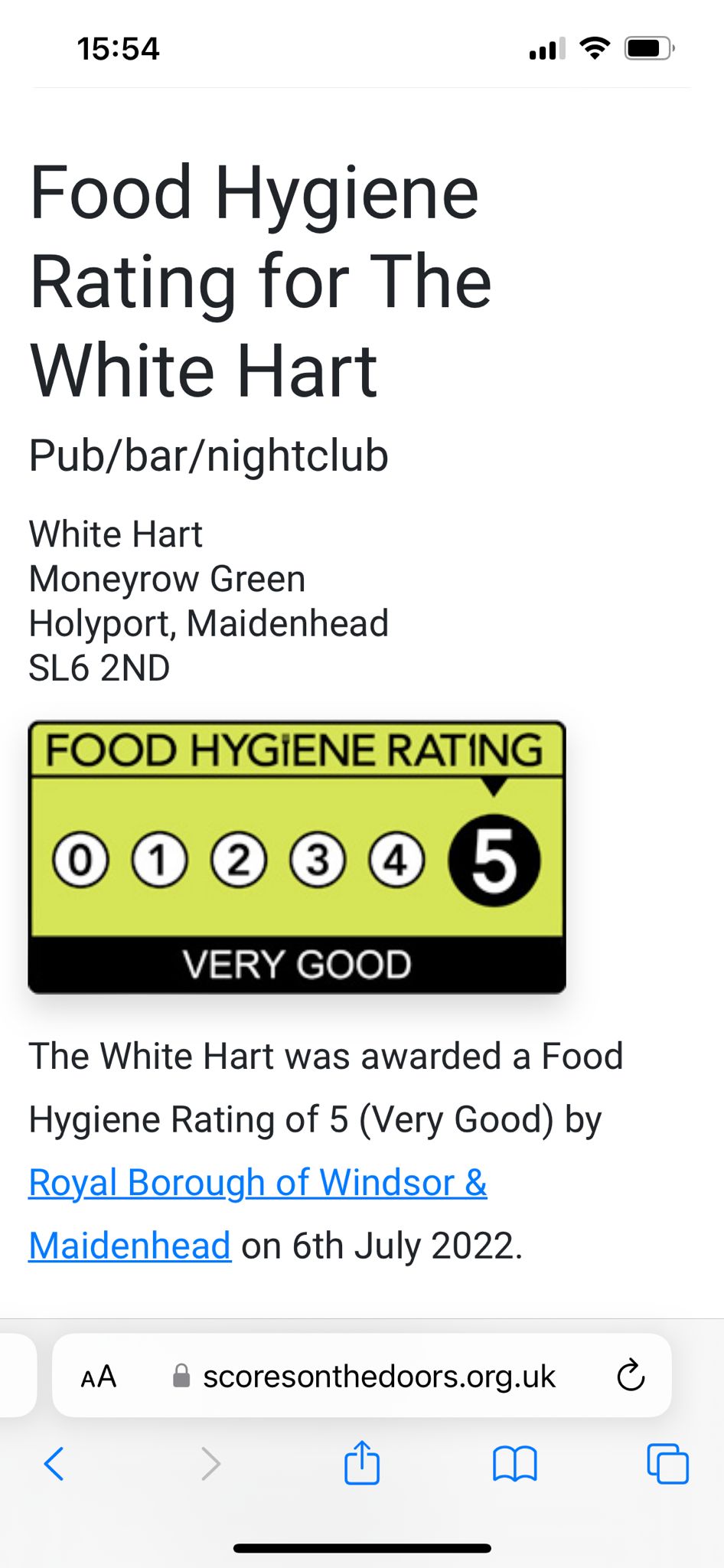 Food Hygiene Rating for The White Hart